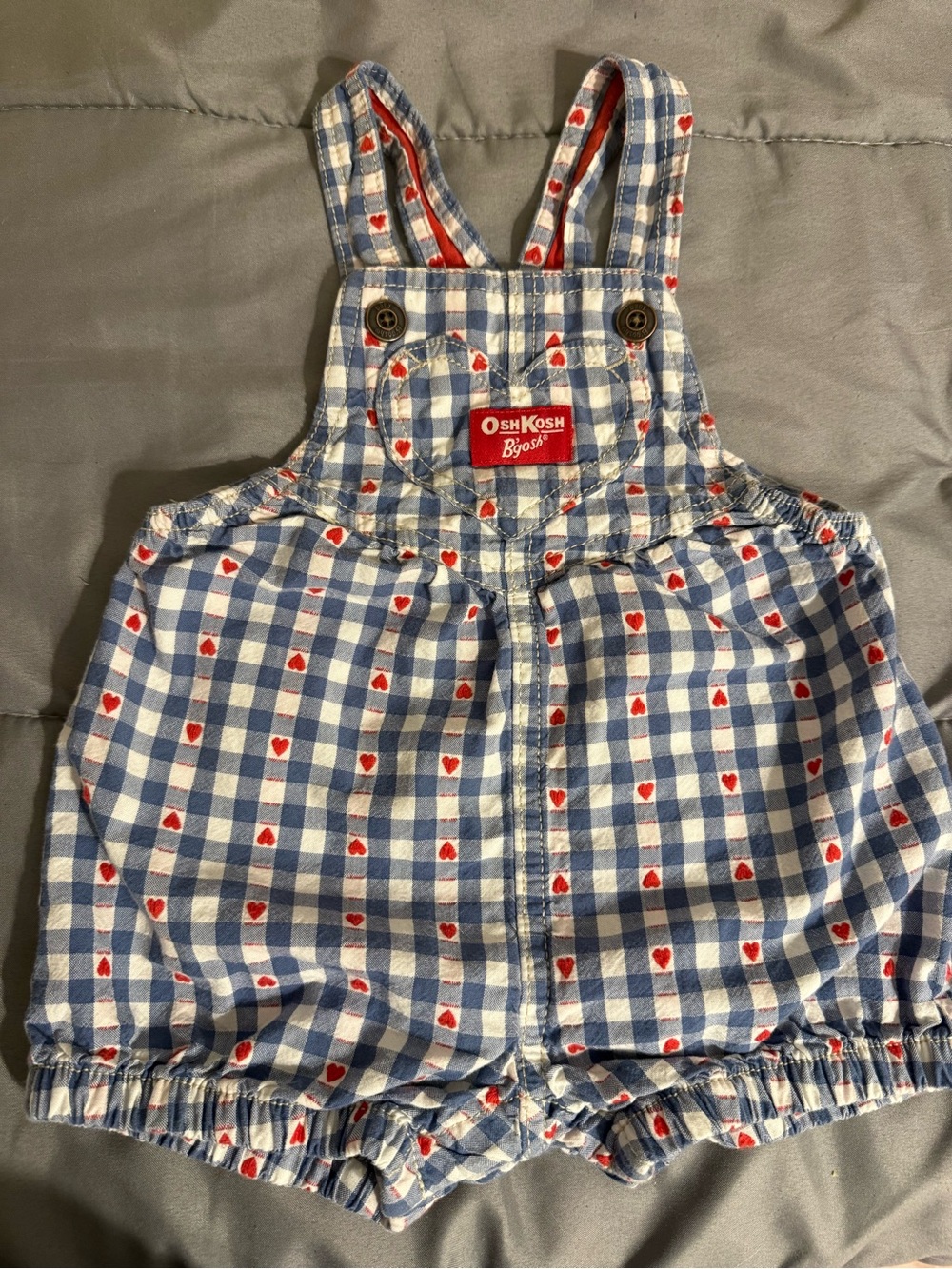 OshKosh B'gosh Blue Gingham Romper with Red Hearts